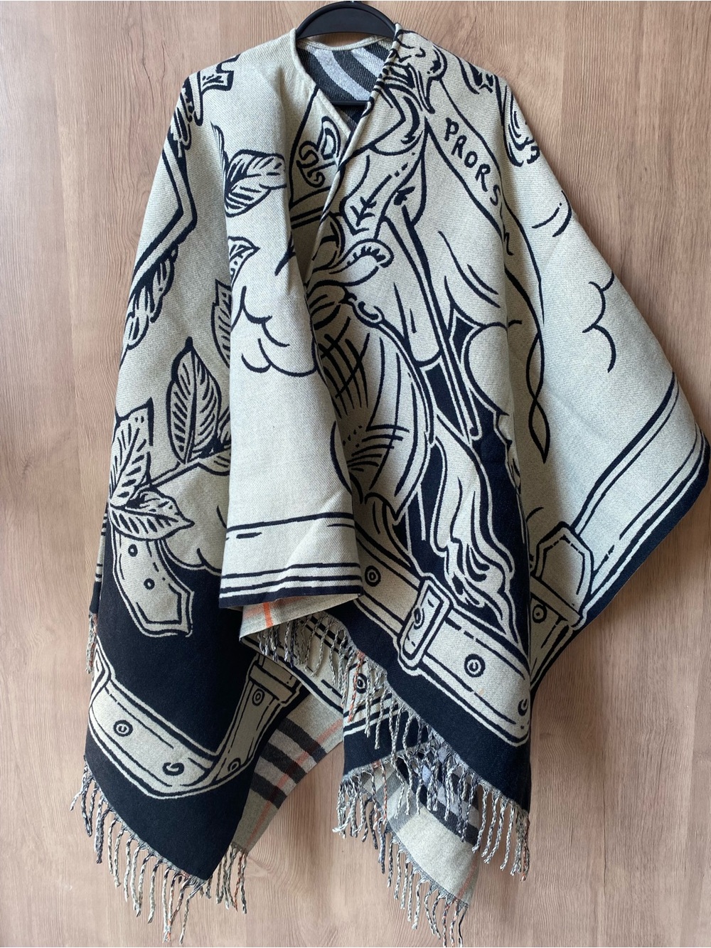 Burberry Black and Cream Botanical Fringe Shawl